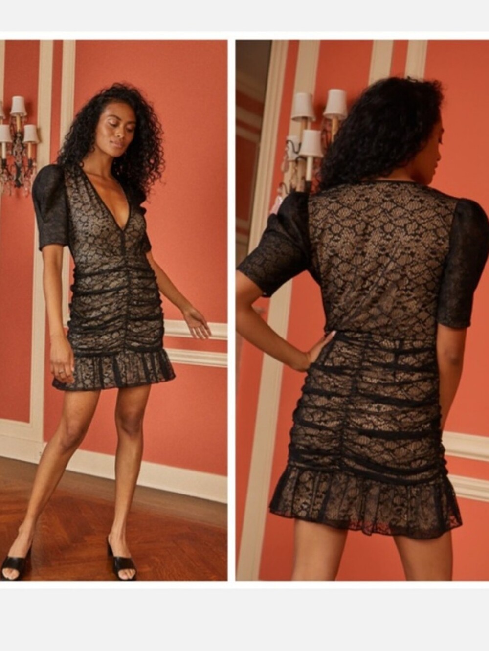 Saylor Reena Black Lace Ruched Puff Sleeve Mini Dress Size Medium